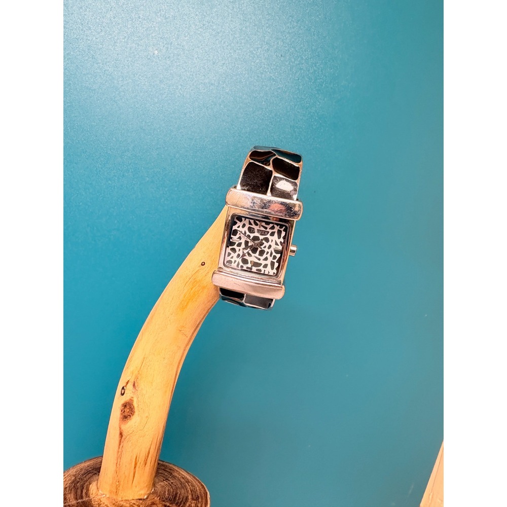 Terner Silver Tone Giraffe Print Dial‎ Cuff Bangle Watch Black Enamel Mosaic